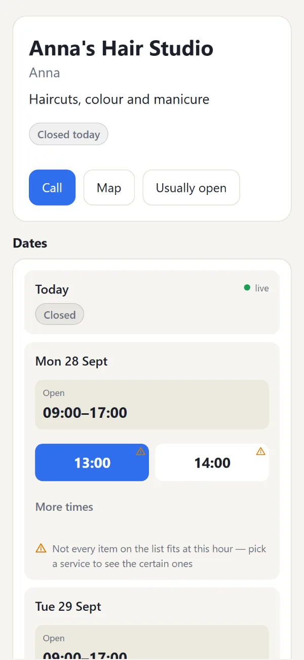 A salon's page on a phone: description, Call and Map buttons and free times for Monday