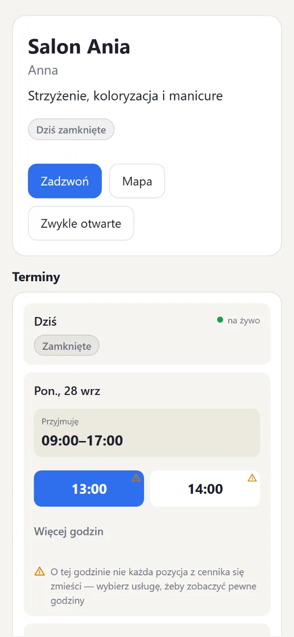 Strona salonu na telefonie: opis, przyciski Zadzwoń i Mapa oraz wolne godziny na poniedziałek
