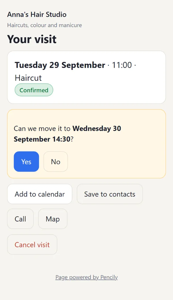 Visit page asking to move the visit to another time, with Yes and No buttons