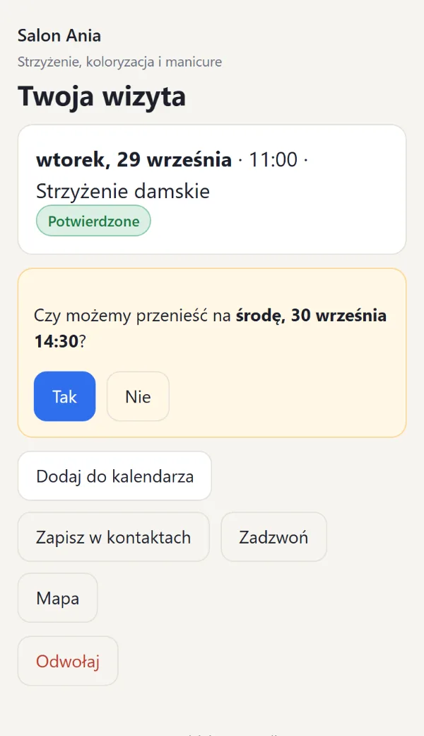 Strona wizyty z pytaniem o przeniesienie na inny termin i przyciskami Tak i Nie
